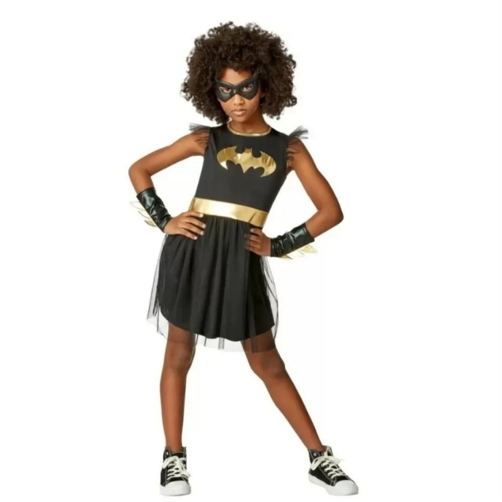 NWT DC Batman Batgirl Halloween Costume Dress Armbands Mask Girl's Medium New - Picture 1 of 8